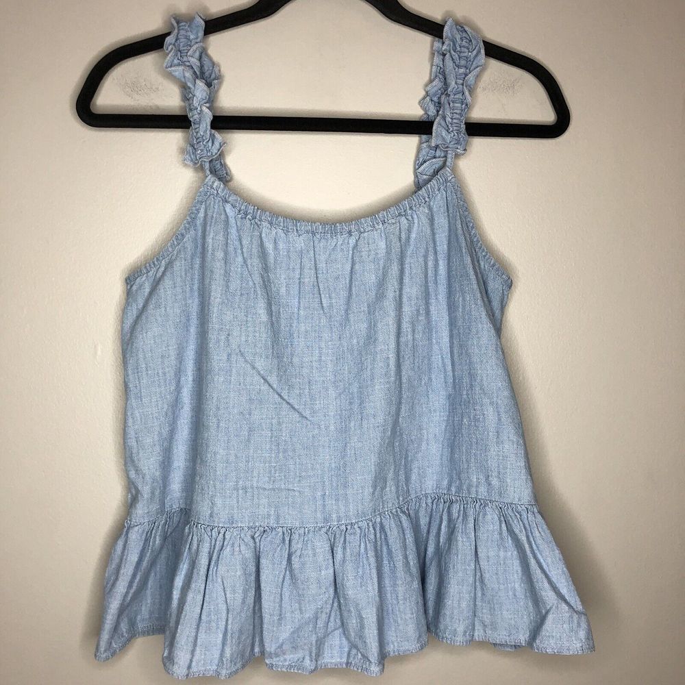 Madewell Women's‎ 2 Blue Spaghetti Strap Ruffle Bottom Sleeveless Denim Cami Top